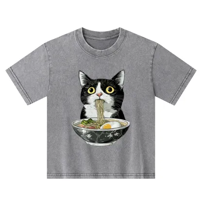 Tokyo-Tiger Cute Cat Eating Japan Ramen Kids Washed T-Shirt