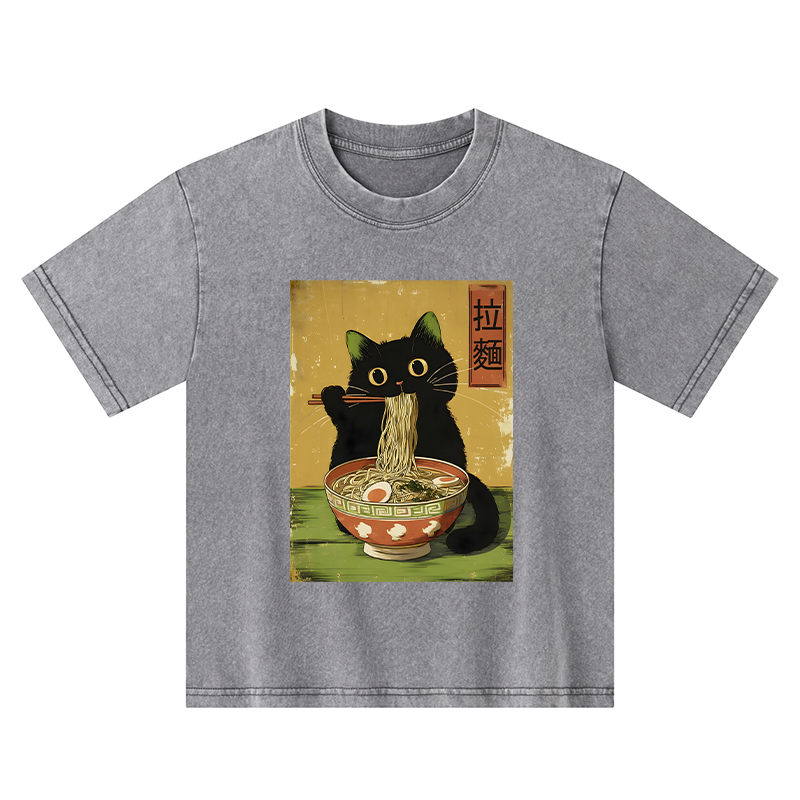 Tokyo-Tiger Vintage Japanese Cat Eating Ramen Kids Washed T-Shirt