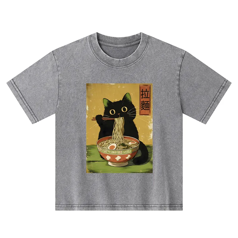 Tokyo-Tiger Vintage Japanese Cat Eating Ramen Kids Washed T-Shirt