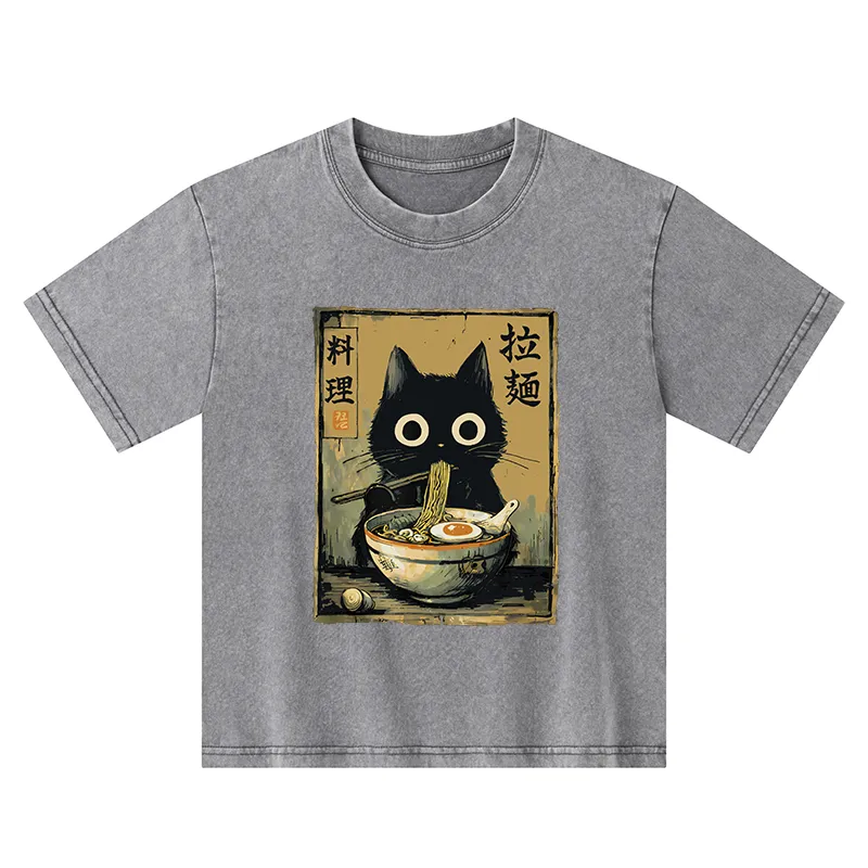 Tokyo-Tiger Cute Black Cat Eating Ramen Japan Kids Washed T-Shirt