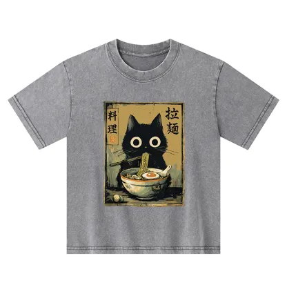 Tokyo-Tiger Cute Black Cat Eating Ramen Japan Kids Washed T-Shirt