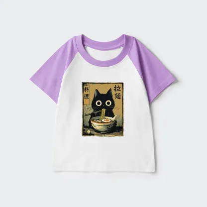 Tokyo-Tiger Cute Black Cat Eating Ramen Japan Kids Raglan T-shirt
