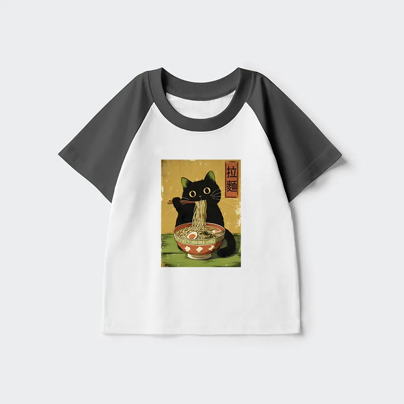 Tokyo-Tiger Vintage Japanese Cat Eating Ramen Kids Raglan T-shirt