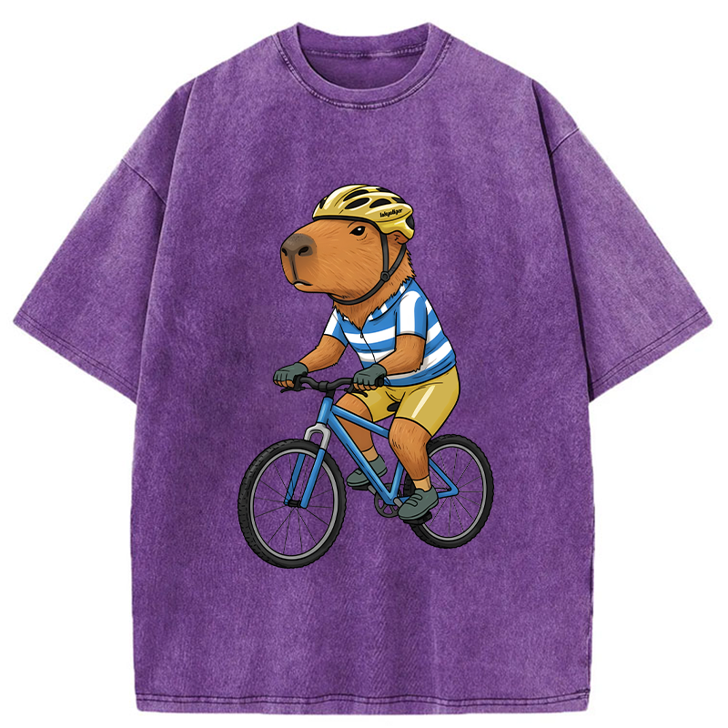 Tokyo-Tiger Capybara Riding A Bicycle Washed T-Shirt