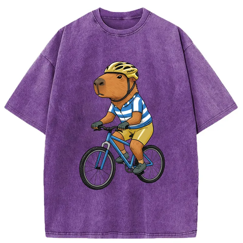 Tokyo-Tiger Capybara Riding A Bicycle Washed T-Shirt