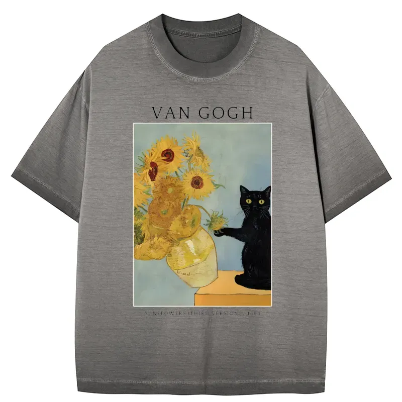 Tokyo-Tiger Black Cat With Sunflowers Gradient Washed T-Shirt