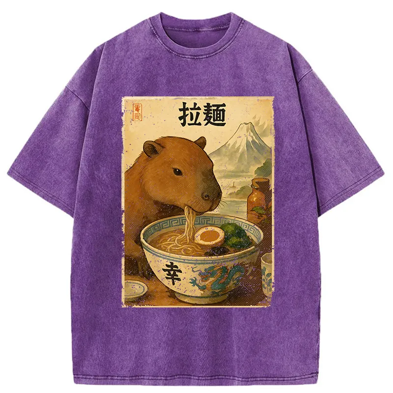 Tokyo-Tiger Capybara Eating Japan Ramen Washed T-Shirt