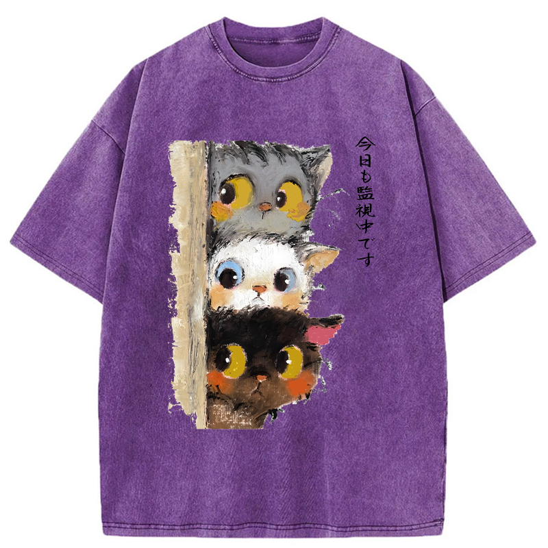 Tokyo-Tiger Three Cats Secretly Monitor Their Owner Washed T-Shirt