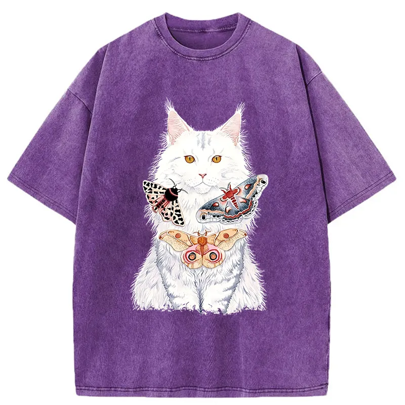 Tokyo-Tiger Elegant White Cat Washed T-Shirt