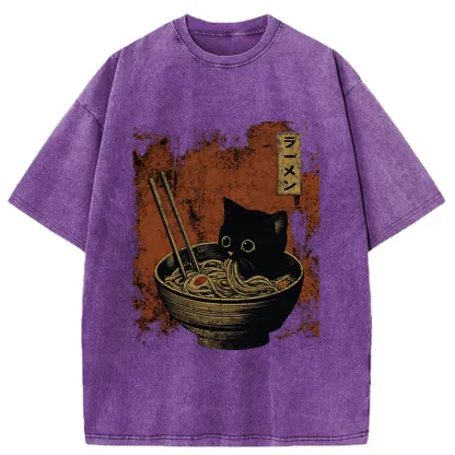 Tokyo-Tiger Retro Cat Eating Japan Ramen Washed T-Shirt