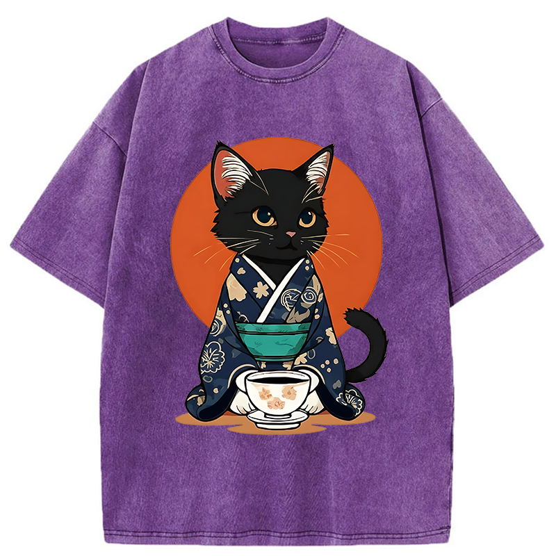 Tokyo-Tiger A Black Cat Wearing A Kimono Washed T-Shirt