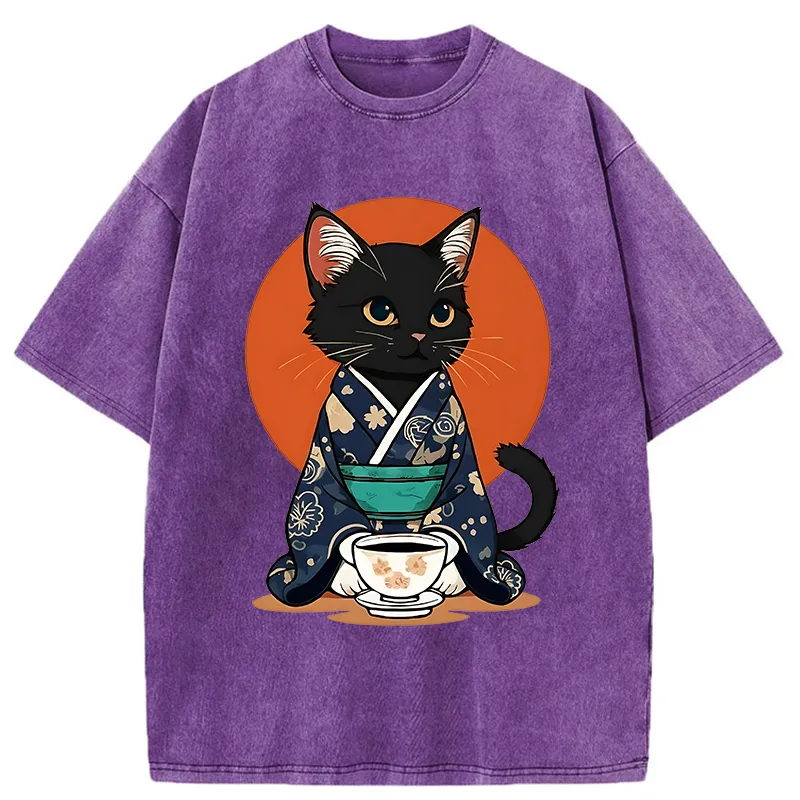 Tokyo-Tiger A black Cat Wearing A Kimono Washed T-Shirt Sale