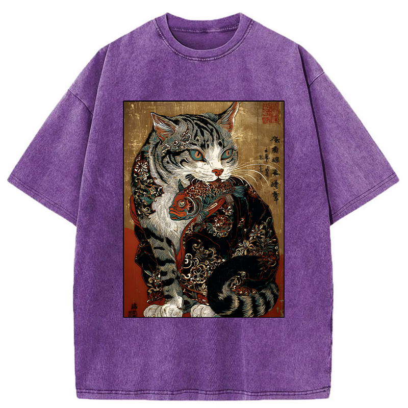 Tokyo-Tiger Gorgeous Cat Eats Fish Washed T-Shirt