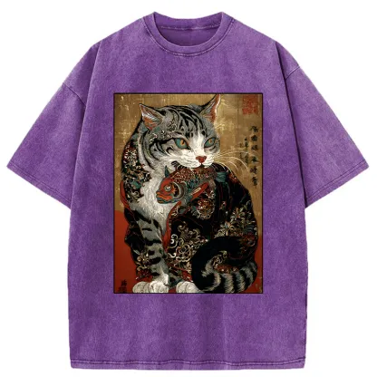 Tokyo-Tiger Gorgeous Cat Eats Fish Washed T-Shirt