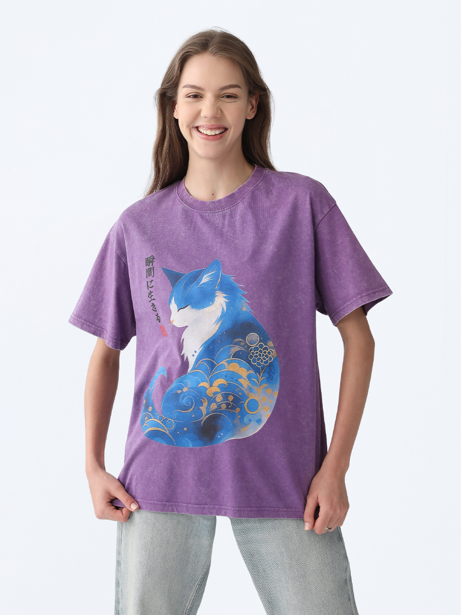 Tokyo-Tiger Retro Zen Cat: Living the Present Washed T-Shirt