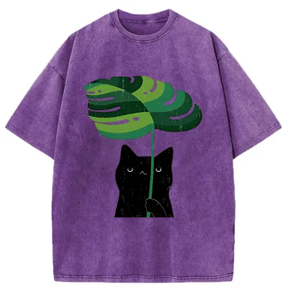 Tokyo-Tiger Monstera Deliciosa And Cat Washed T-Shirt