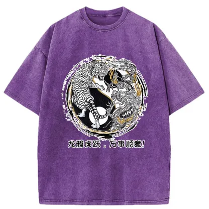 Tokyo-Tiger Dragon And Tiger Battle Washed T-Shirt