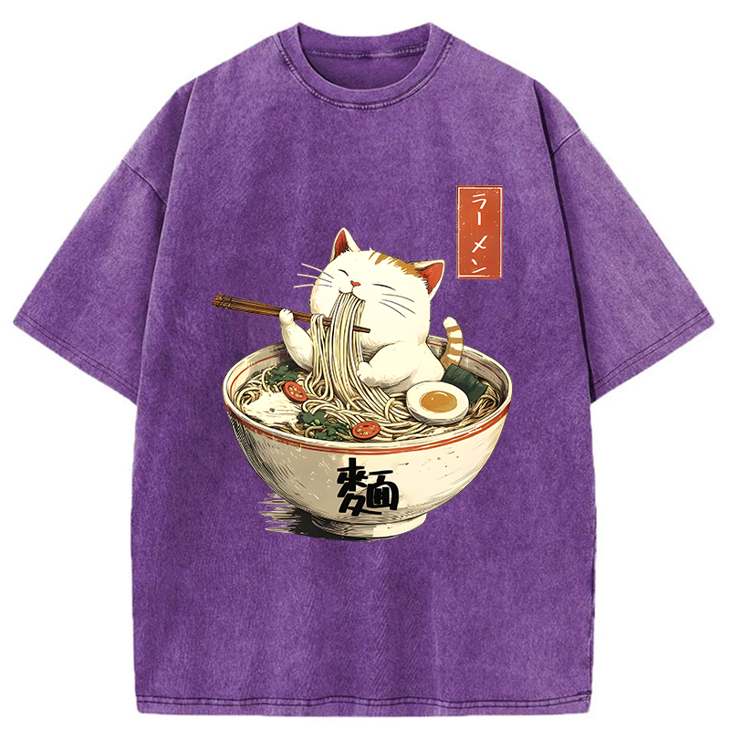 Tokyo-Tiger White Cat Eating Ramen Washed T-Shirt
