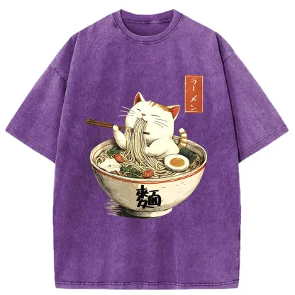 Tokyo-Tiger White Cat Eating Ramen Washed T-Shirt