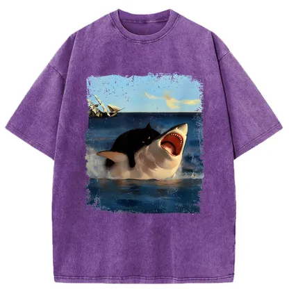 Tokyo-Tiger Cat Bites Shark Washed T-Shirt