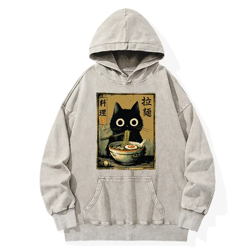 Tokyo-Tiger Cute Black Cat Eating Ramen Japan Washed Hoodie