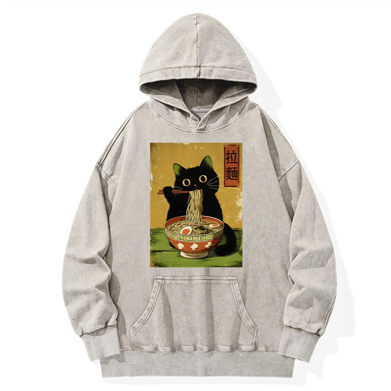Tokyo-Tiger Vintage Japanese Cat Eating Ramen Washed Hoodie