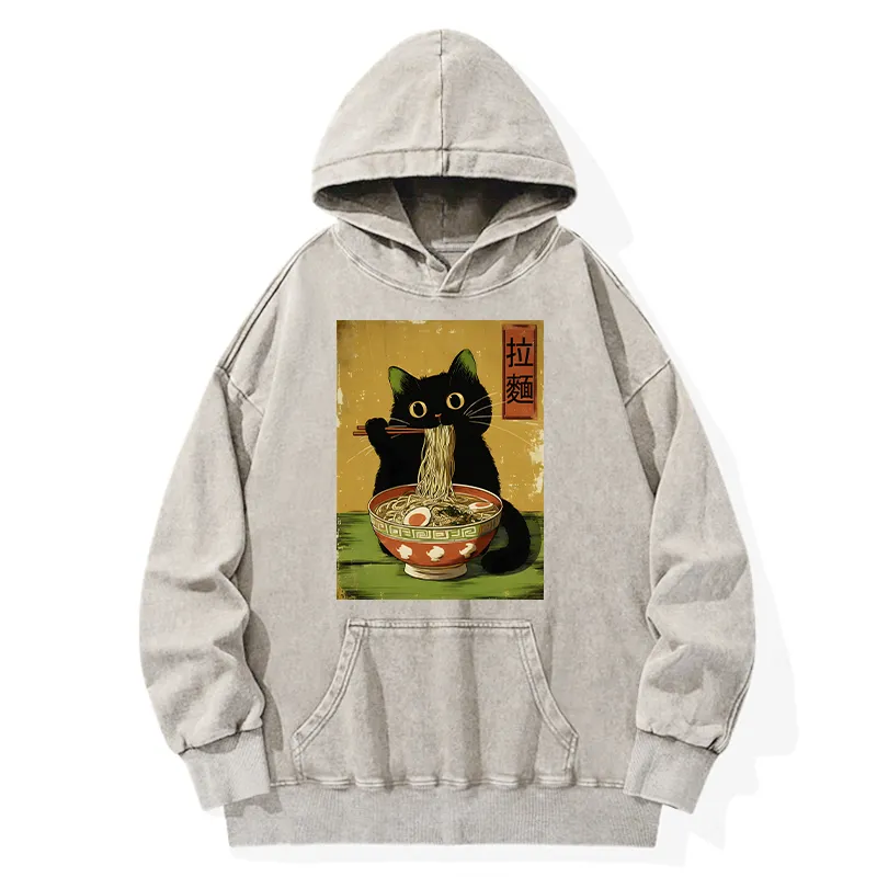Tokyo-Tiger Vintage Japanese Cat Eating Ramen Washed Hoodie