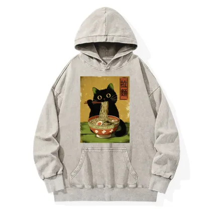 Tokyo-Tiger Vintage Japanese Cat Eating Ramen Washed Hoodie