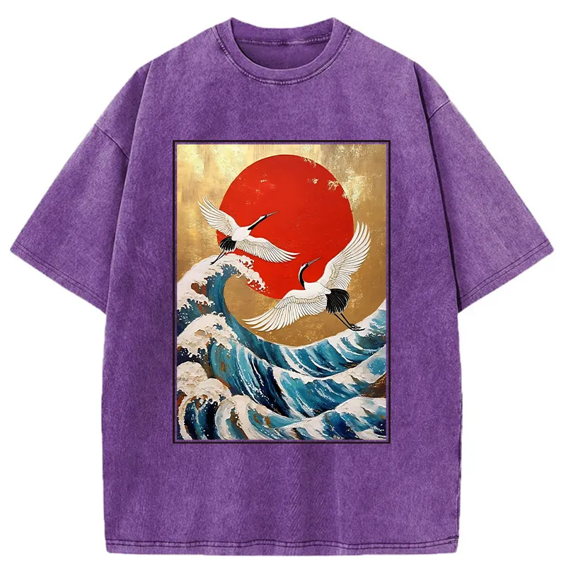 Tokyo-Tiger Cranes And Waves Ukiyo-e Washed T-Shirt