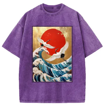 Tokyo-Tiger Cranes And Waves Ukiyo-e Washed T-Shirt