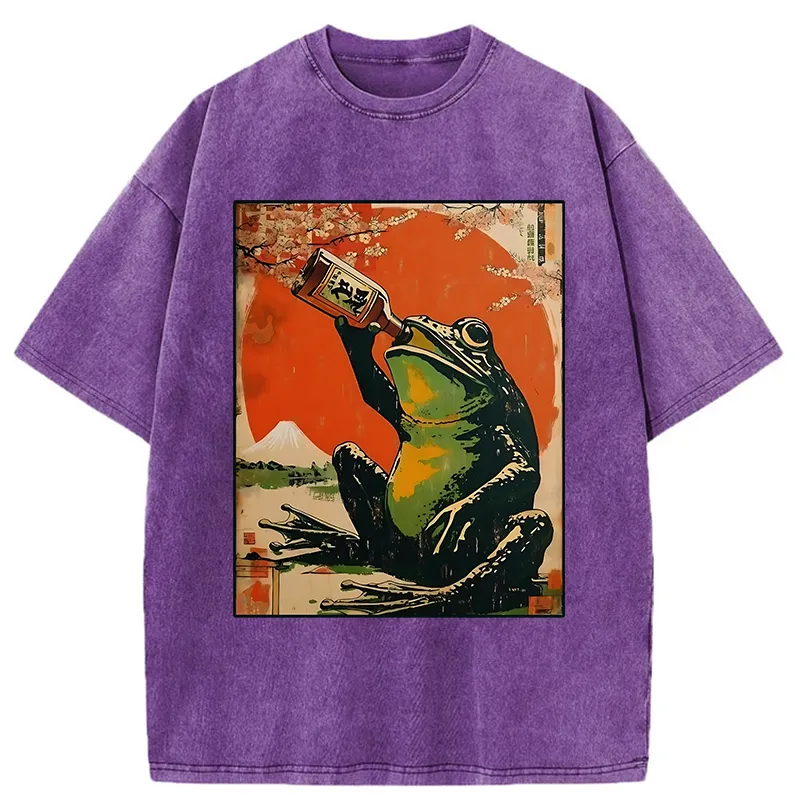 Tokyo-Tiger Frog Drinking Beer Washed T-Shirt