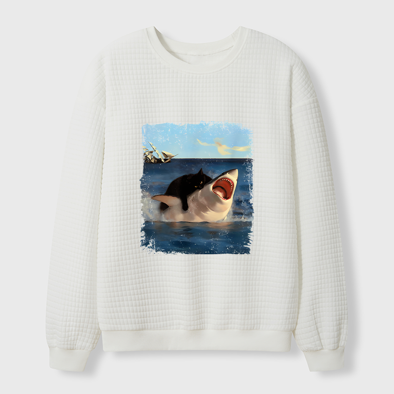 Tokyo-Tiger Cat Bites Shark Waffle Sweatshirt
