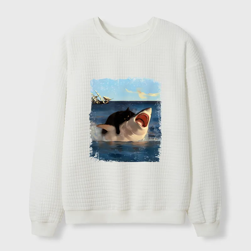 Tokyo-Tiger Cat Bites Shark Waffle Sweatshirt