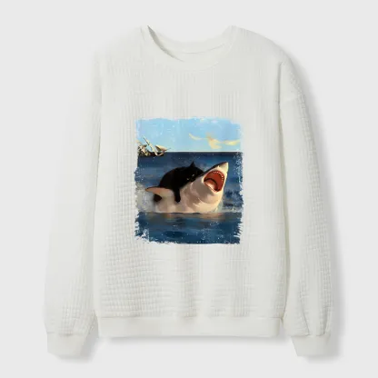 Tokyo-Tiger Cat Bites Shark Waffle Sweatshirt