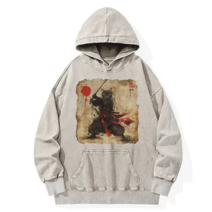 Tokyo-Tiger Retro Japanese Samurai Cat Washed Hoodie