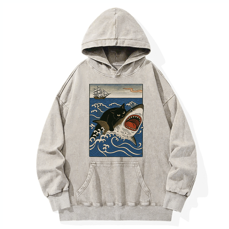Tokyo-Tiger Cat Hunting Shark Washed Hoodie