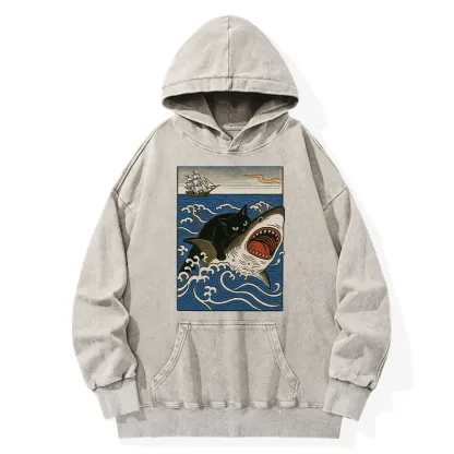 Tokyo-Tiger Cat Hunting Shark Washed Hoodie