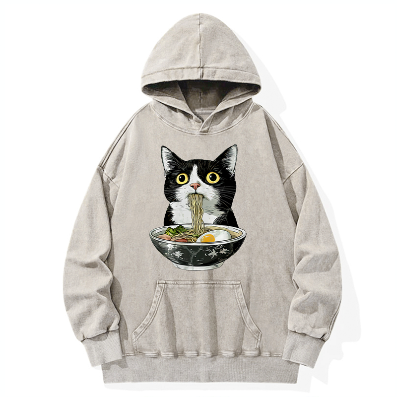 Tokyo-Tiger Cute Cat Eating Japan Ramen Washed Hoodie