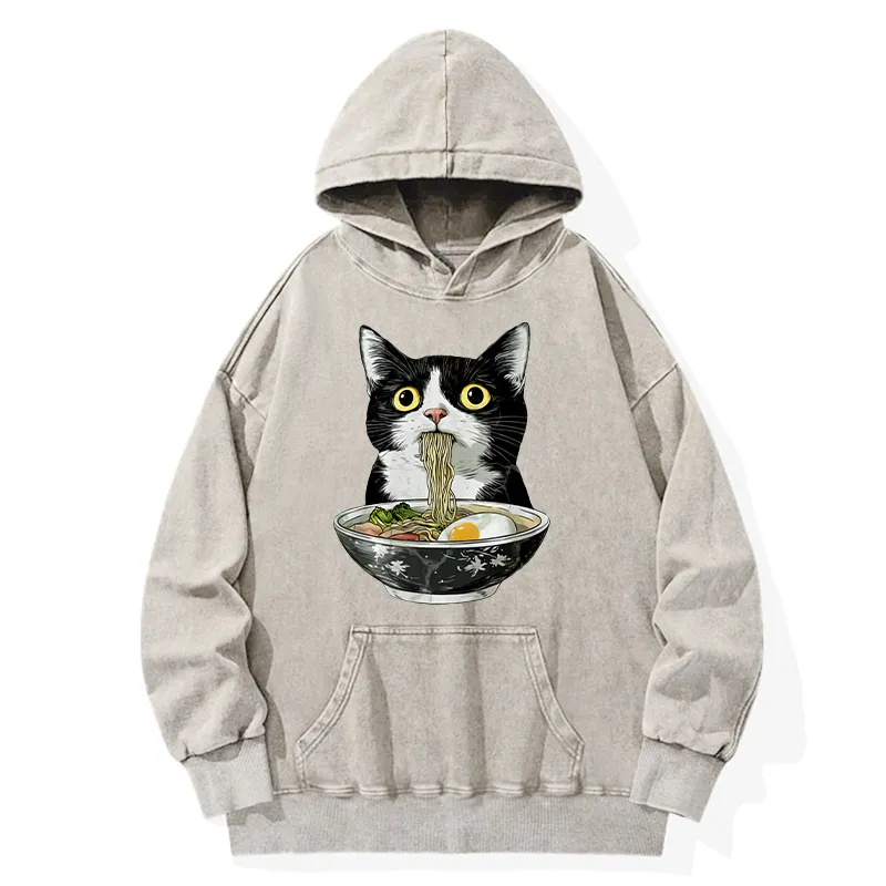 Tokyo-Tiger Cute Cat Eating Japan Ramen Washed Hoodie