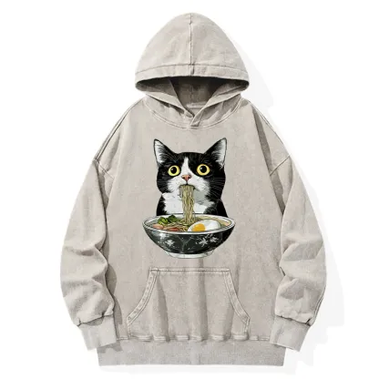 Tokyo-Tiger Cute Cat Eating Japan Ramen Washed Hoodie