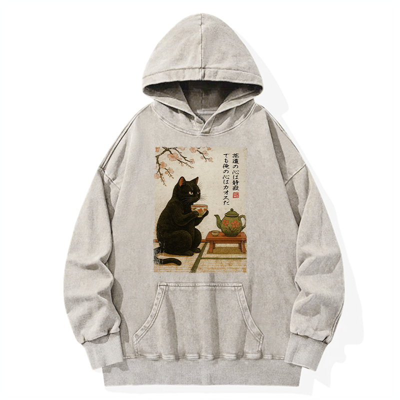 Tokyo-Tiger Tea Time With A Black Cat Washed Hoodie