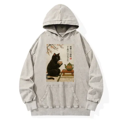 Tokyo-Tiger Tea Time With A Black Cat Washed Hoodie