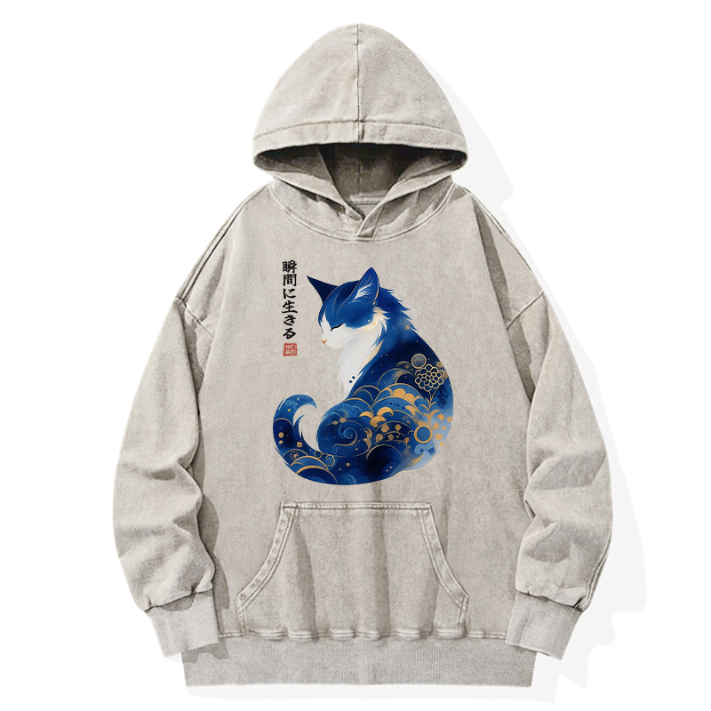 Tokyo-Tiger Retro Zen Cat: Living the Present Washed Hoodie