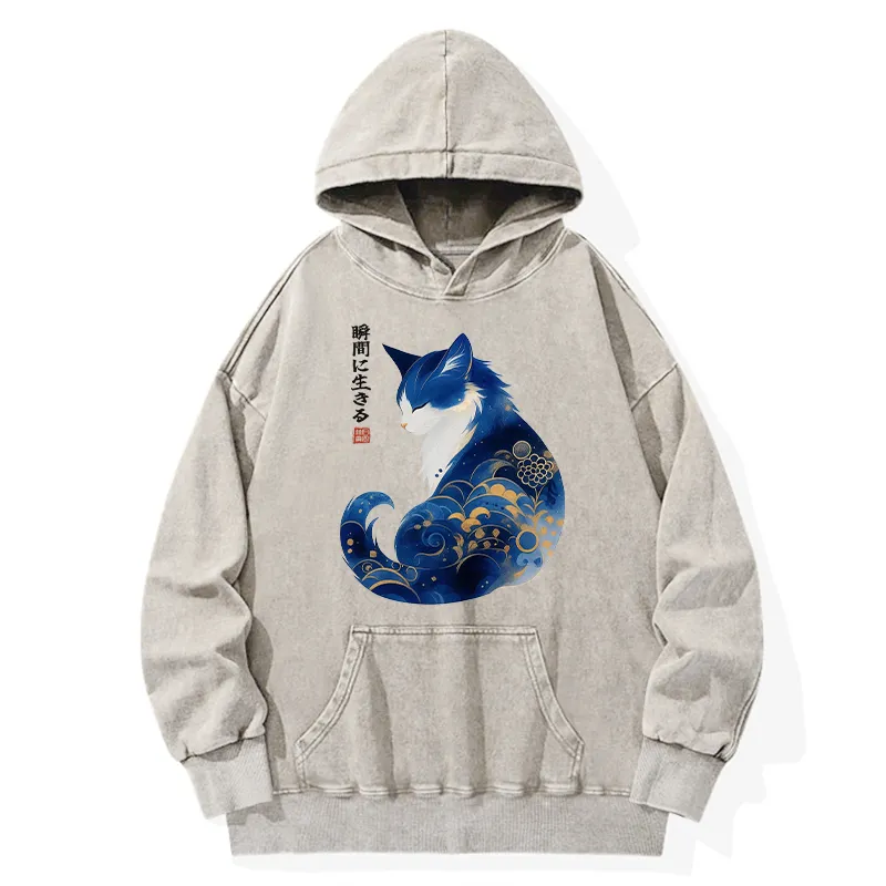 Tokyo-Tiger Retro Zen Cat: Living the Present Washed Hoodie
