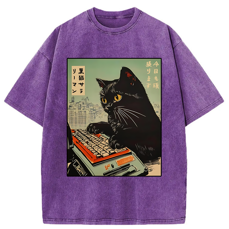 Tokyo-Tiger Cat Typing Washed T-Shirt