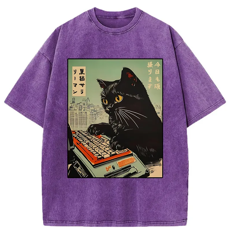 Tokyo-Tiger Cat Typing Washed T-Shirt