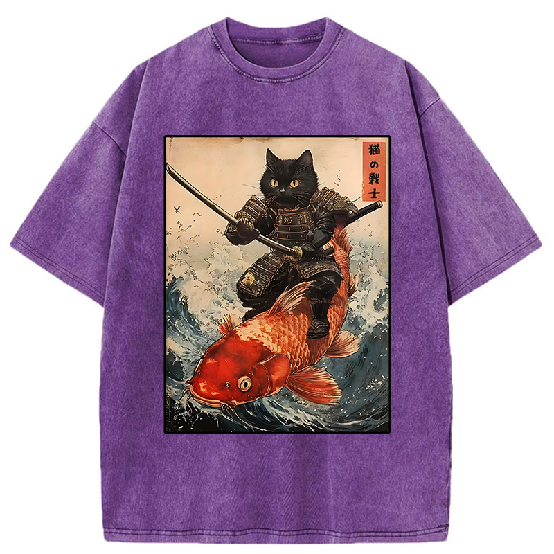 Tokyo-Tiger Cat Samurai Rides Koi Carp Washed T-Shirt