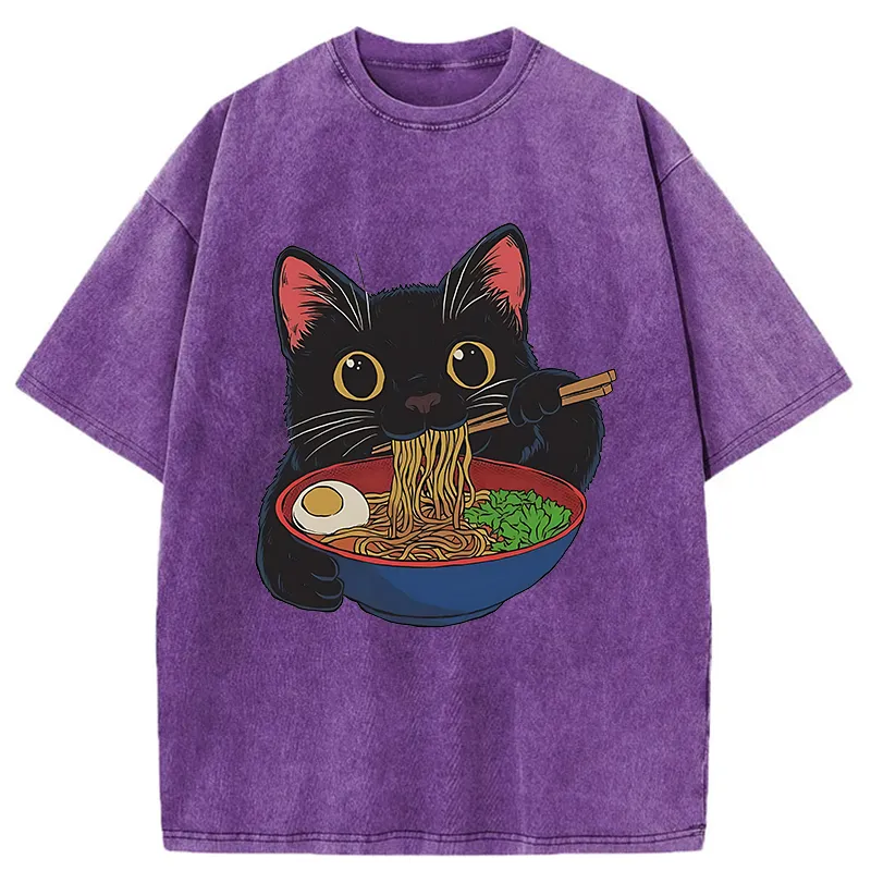 Tokyo-Tiger Black Cat Ate Japan Ramen Washed T-Shirt
