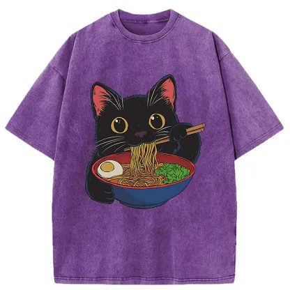 Tokyo-Tiger Black Cat Ate Japan Ramen Washed T-Shirt