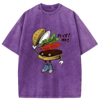 Tokyo-Tiger Hamburger That Says Hello Washed T-Shirt